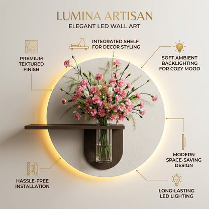 Round LED Wall Art with Shelf & Glass Vase | Radha Wood