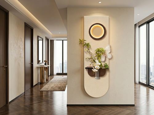 LED wall art arch flower vase lamp – real product photo, warm oval LED glow, Radha Wood India