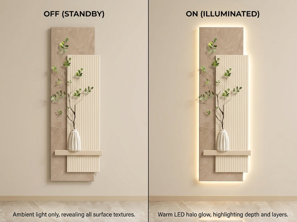 Features infographic of Arch Aura LED wall art highlighting craftsmanship and lighting system