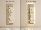 Features infographic of Arch Aura LED wall art highlighting craftsmanship and lighting system