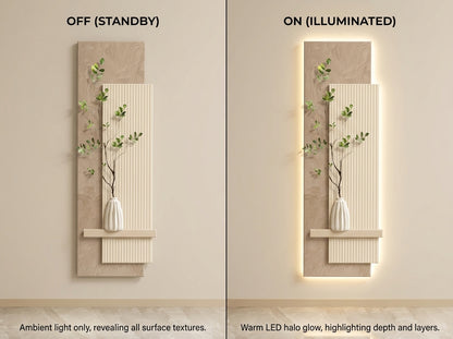 Features infographic of Arch Aura LED wall art highlighting craftsmanship and lighting system