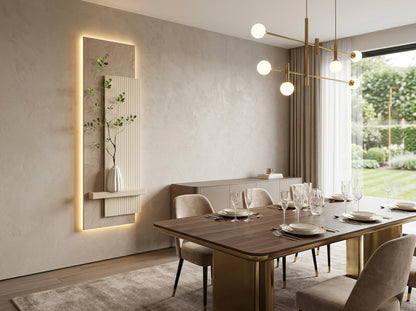 Close up view of Arch Aura LED wall art showing warm integrated lighting and decorative shelf