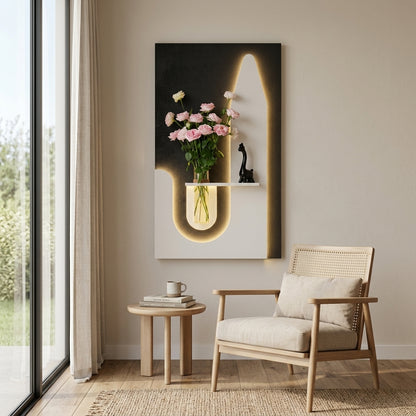 Designer LED Wooden Wall Panel with Shelf | Radha Wood