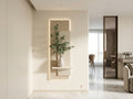 Arch Aura LED wall art with shelf and warm ambient lighting installed in a modern dining room
