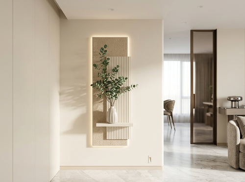 Arch Aura LED wall art with shelf and warm ambient lighting installed in a modern dining room