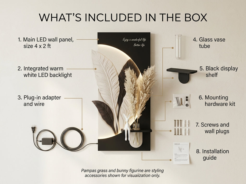 LED wall art Leaf Pampas Vase Panel box contents