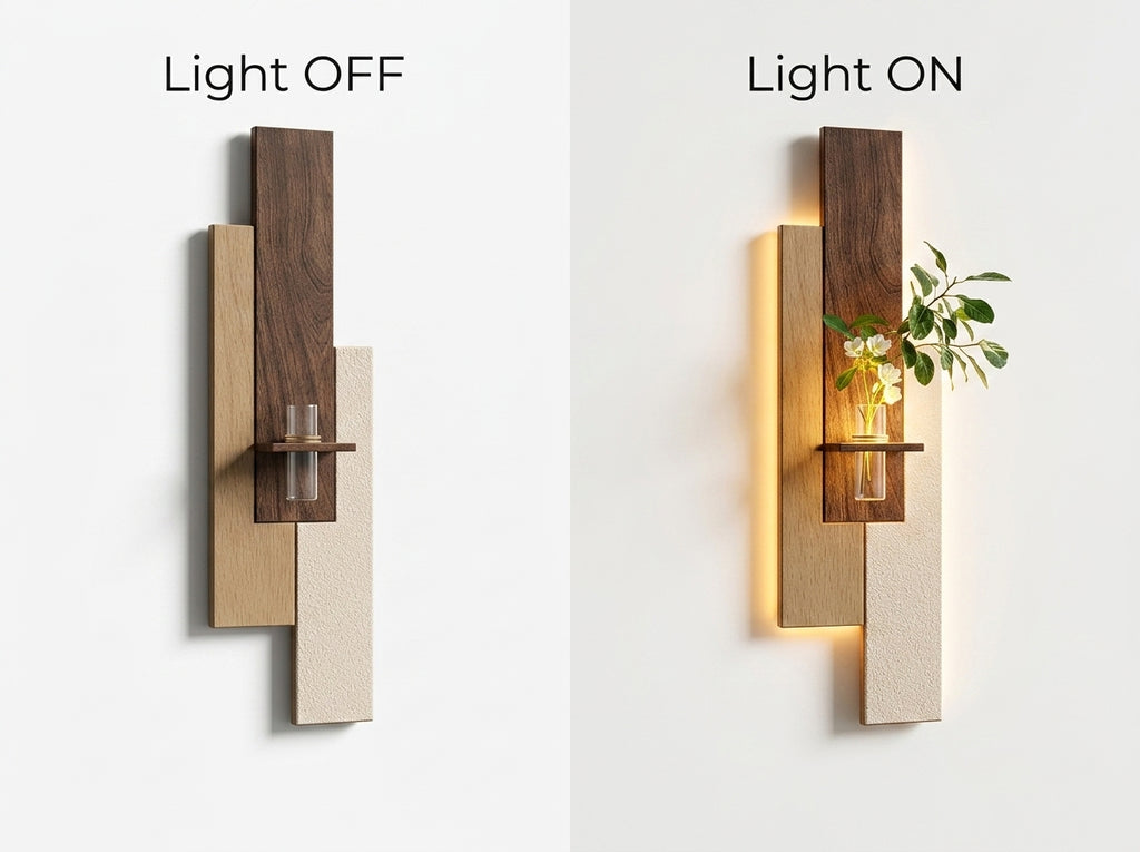 LED wall art light on vs light off comparison – walnut oak panel with warm backlight glow effect