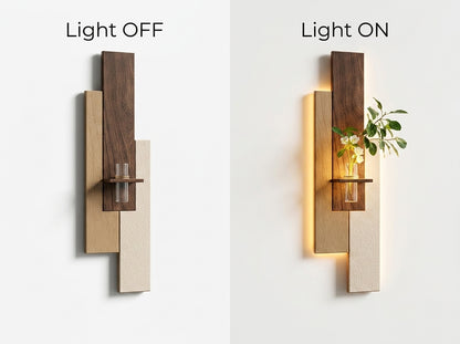 LED wall art light on vs light off comparison – walnut oak panel with warm backlight glow effect