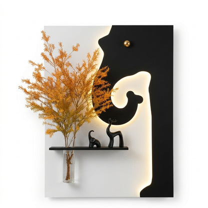 Close up of pine wood shelf with glass vase and decorative figurines on LED wall art