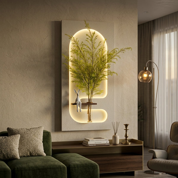 Arch LED wall art with wooden shelf and glass vase in modern living room – Radha Wood