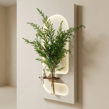 Close up of warm LED strip lighting around arch cutout in wall art panel