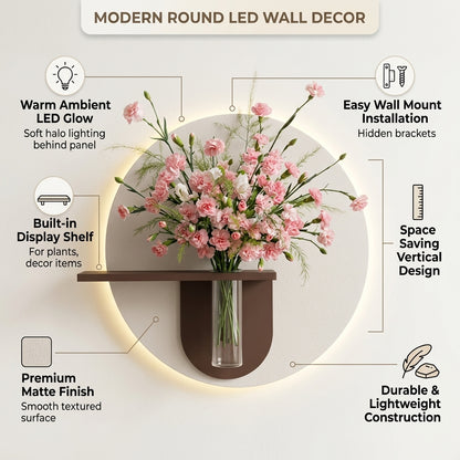 Round LED wall art with shelf and glass vase for home decor