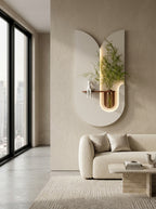 Double arch LED wall art with wooden shelf and glass vase in modern living room – Radha Wood