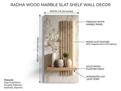 Wood marble slat shelf wall decor with features and measurements on a white background