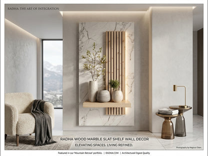 Modern interior design with a wood marble slat shelf wall decor, featuring a chair and decorative items.