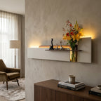 Close up of warm LED strip under pine wood shelf on horizontal wall art panel