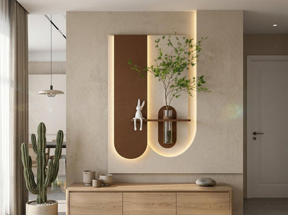 Modern wooden wall decor installed in living room premium handcrafted wall art India