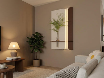 Modern LED wooden wall decor front view with vase shelf handcrafted HDF and teak pine wood wall art by Radha Wood