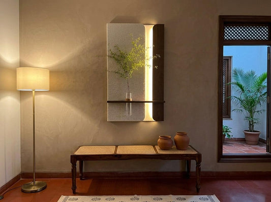 Premium modern wooden wall art with shelf and vase handcrafted from teak pine wood and HDF by Radha Wood India