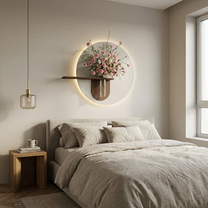 Round LED Wall Art with Shelf & Glass Vase | Radha Wood