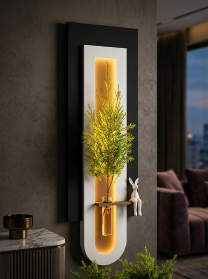 Front view of vertical black frame LED wall art panel with warm capsule backlight – Radha Wood India