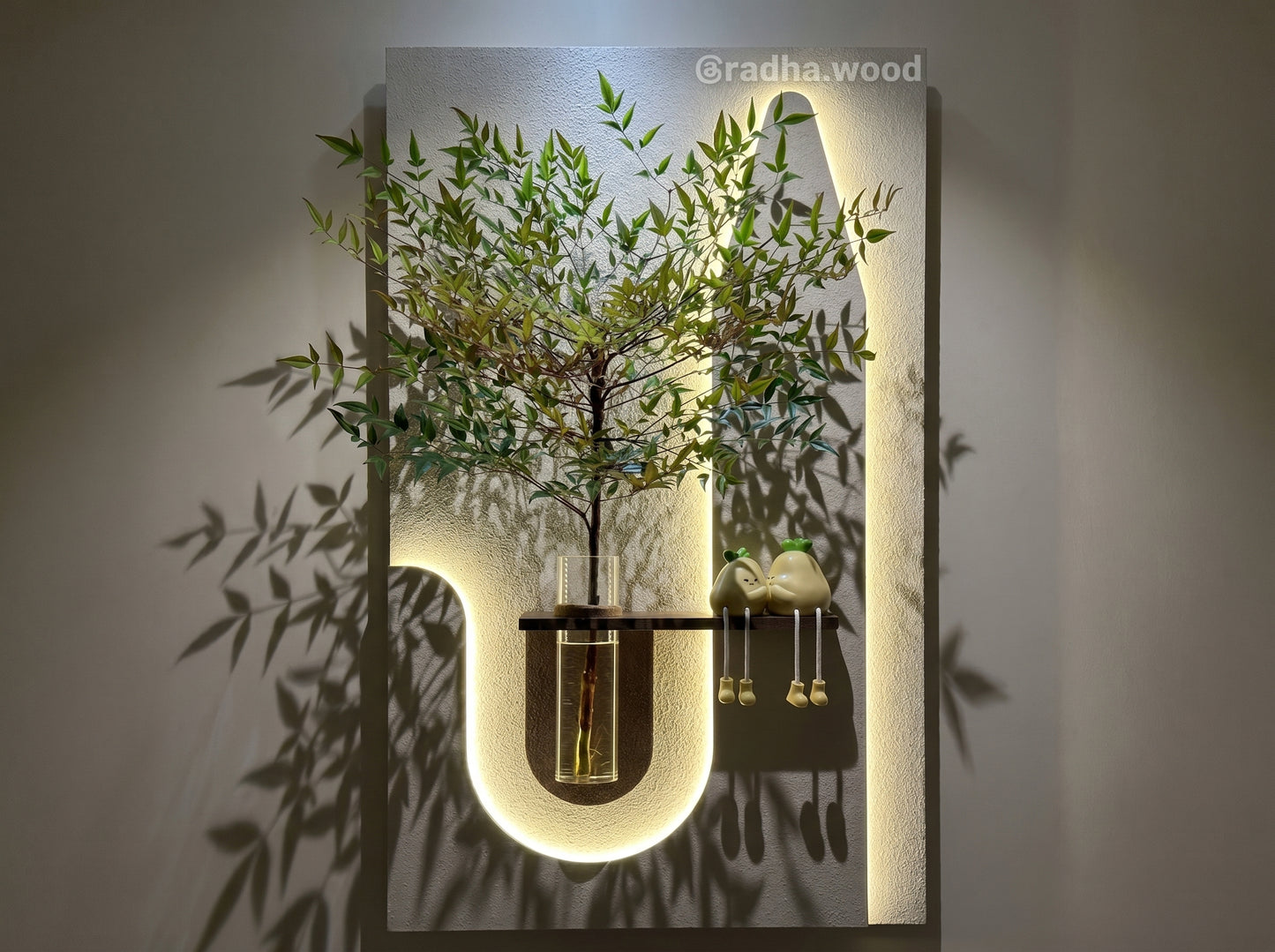 Warm LED lighting effect in modern wooden wall decor panel for home