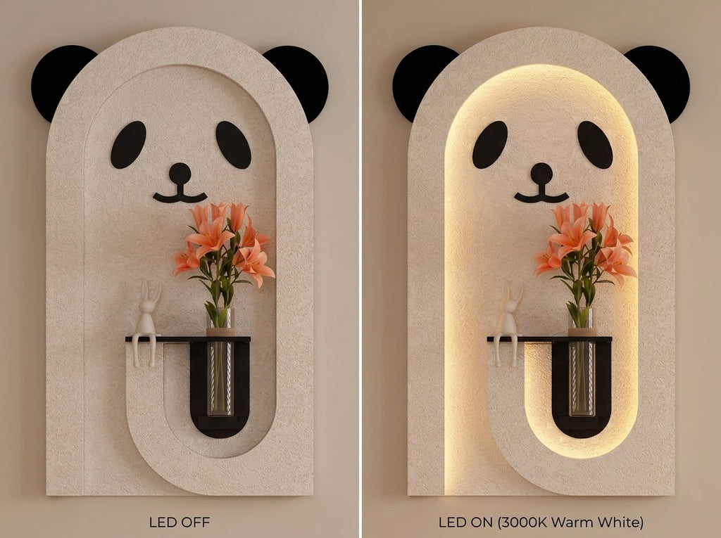 A panda-shaped wall sconce shown in two side-by-side views: LED OFF on the left and LED ON (3000K Warm White) on the right. The sconce has a textured light beige stone-like finish with black panda ears, eyes, and nose, and a warm glowing arched backlit frame.