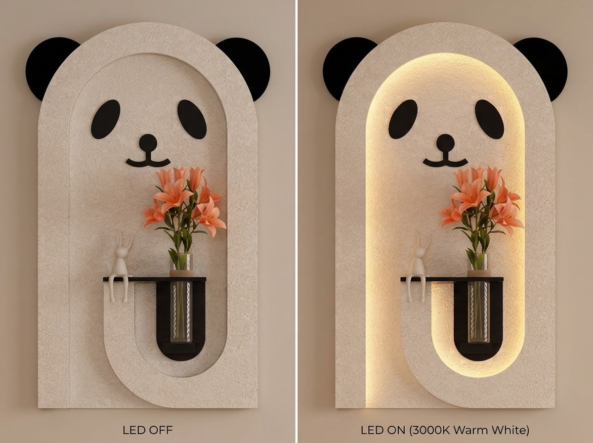 A panda-shaped wall sconce shown in two side-by-side views: LED OFF on the left and LED ON (3000K Warm White) on the right. The sconce has a textured light beige stone-like finish with black panda ears, eyes, and nose, and a warm glowing arched backlit frame.