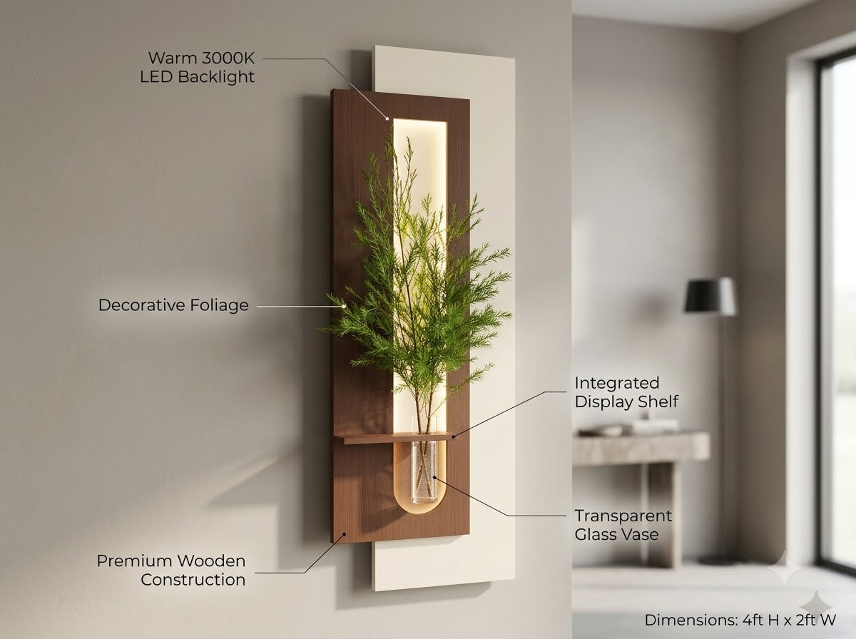 LED wall art with flower vase showing product size and dimensions
