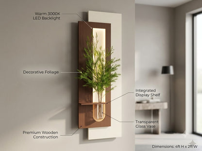 LED wall art with flower vase showing product size and dimensions