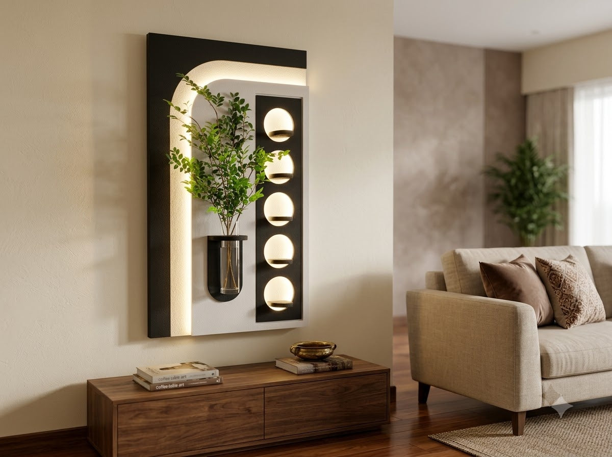 LED wall art oval niche with flower vase in dining room
