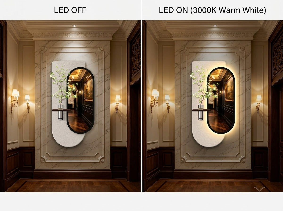 Side-by-side comparison of a wall-mounted oval mirror in a hallway, labeled LED OFF on the left and LED ON (3000K Warm White) on the right, showing the warm light emitted from behind the mirror.
