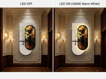 Side-by-side comparison of a wall-mounted oval mirror in a hallway, labeled LED OFF on the left and LED ON (3000K Warm White) on the right, showing the warm light emitted from behind the mirror.
