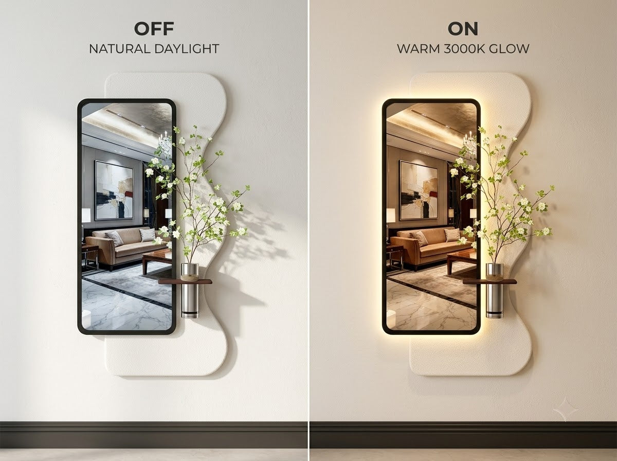 LED wall art with mirror installed in modern apartment