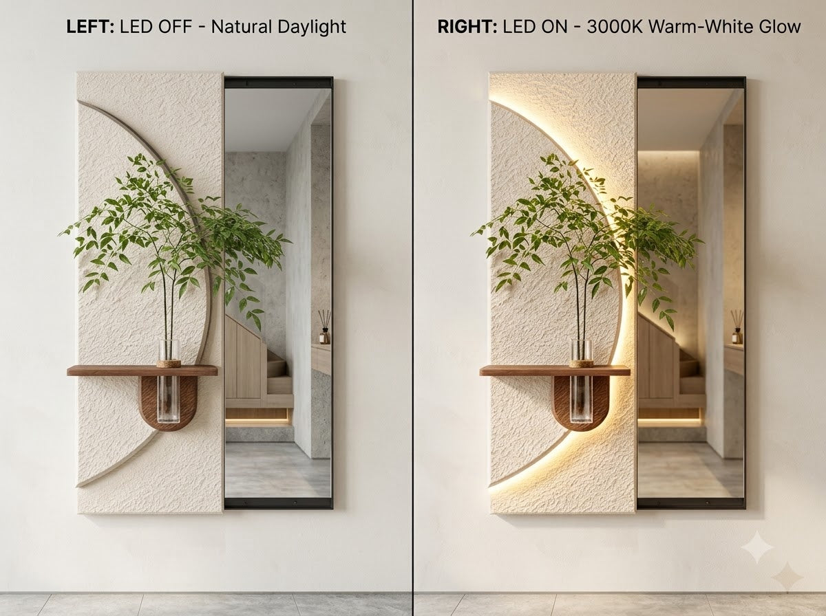 LED wall art with integrated mirror and sliding panel installed on wall