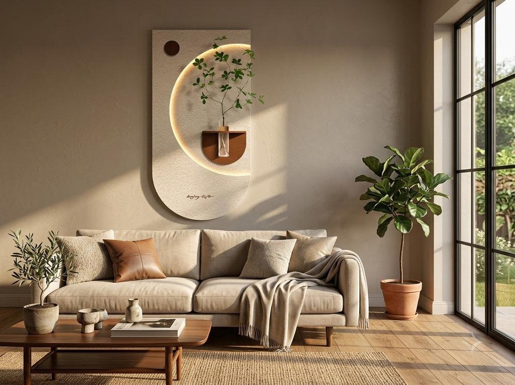 LED wall art oval niche with vase styled in modern bedroom