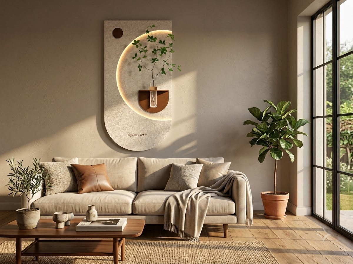 LED wall art oval niche with vase styled in modern bedroom