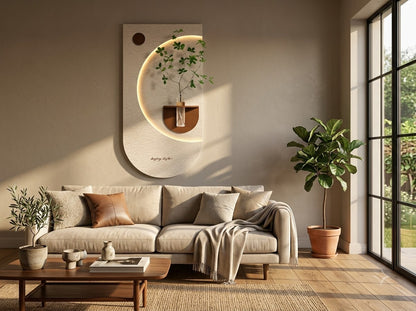LED wall art oval niche with vase styled in modern bedroom