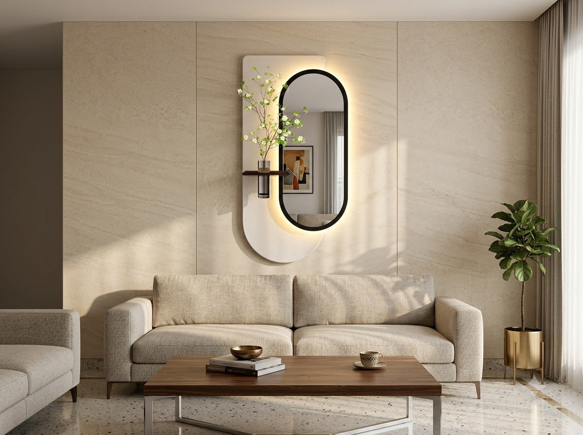 LED wall art with integrated mirror installed as a modern wall feature