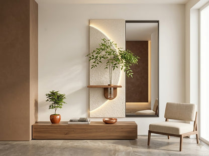 LED wall art with mirror and sliding panel in contemporary home interior