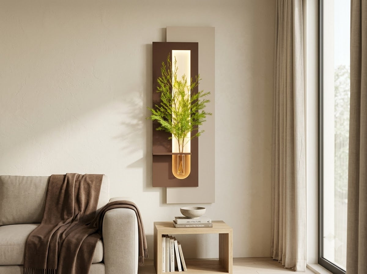 LED wall art installed on living room feature wall