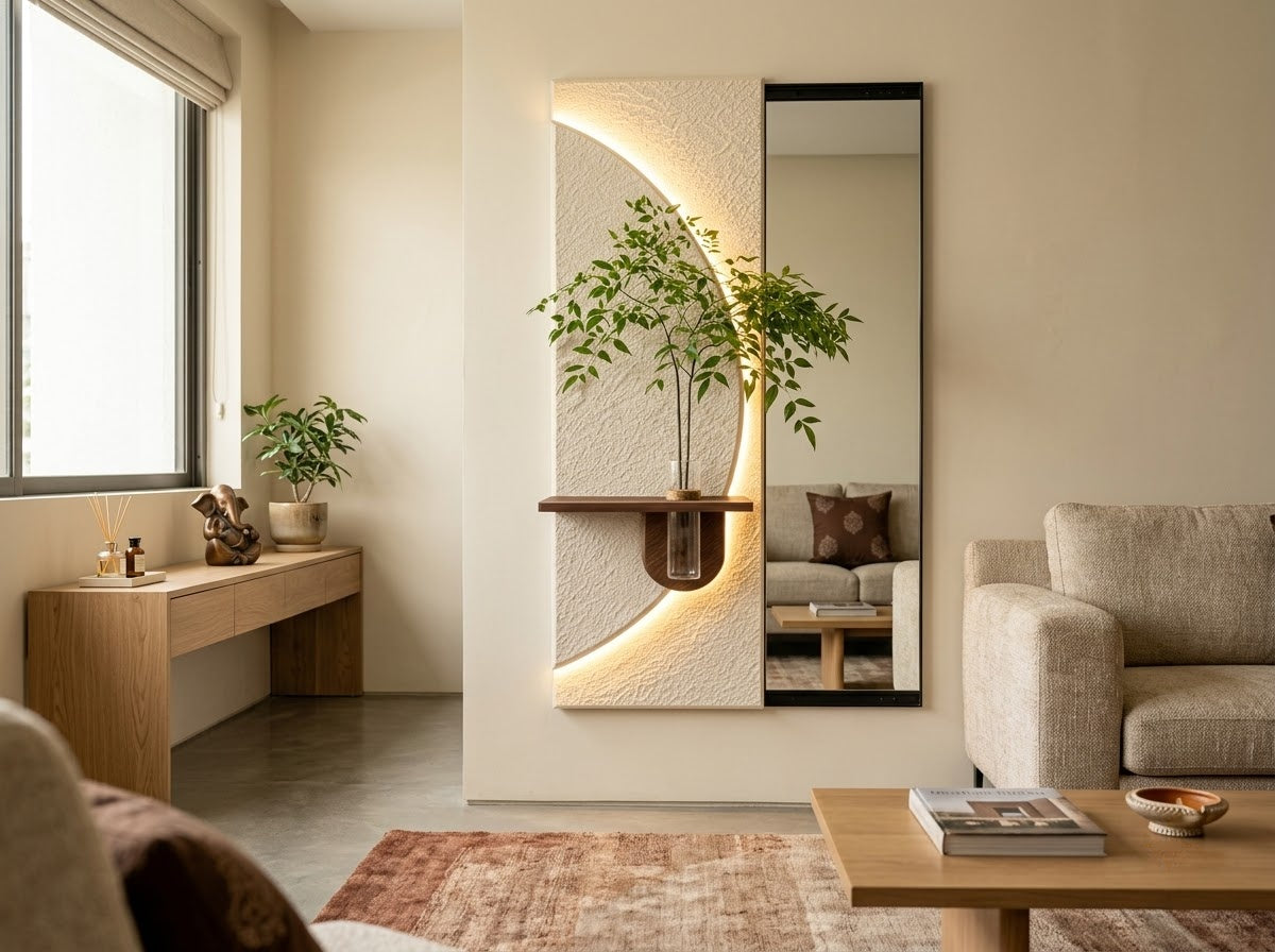 LED wall art with integrated mirror and sliding panel modern design