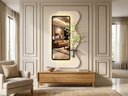 LED wall art with mirror and sliding panel in modern interior