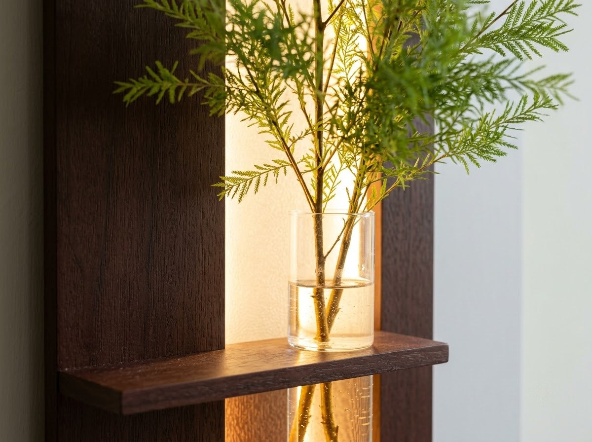 LED wall art with flower vase styled in modern home interior