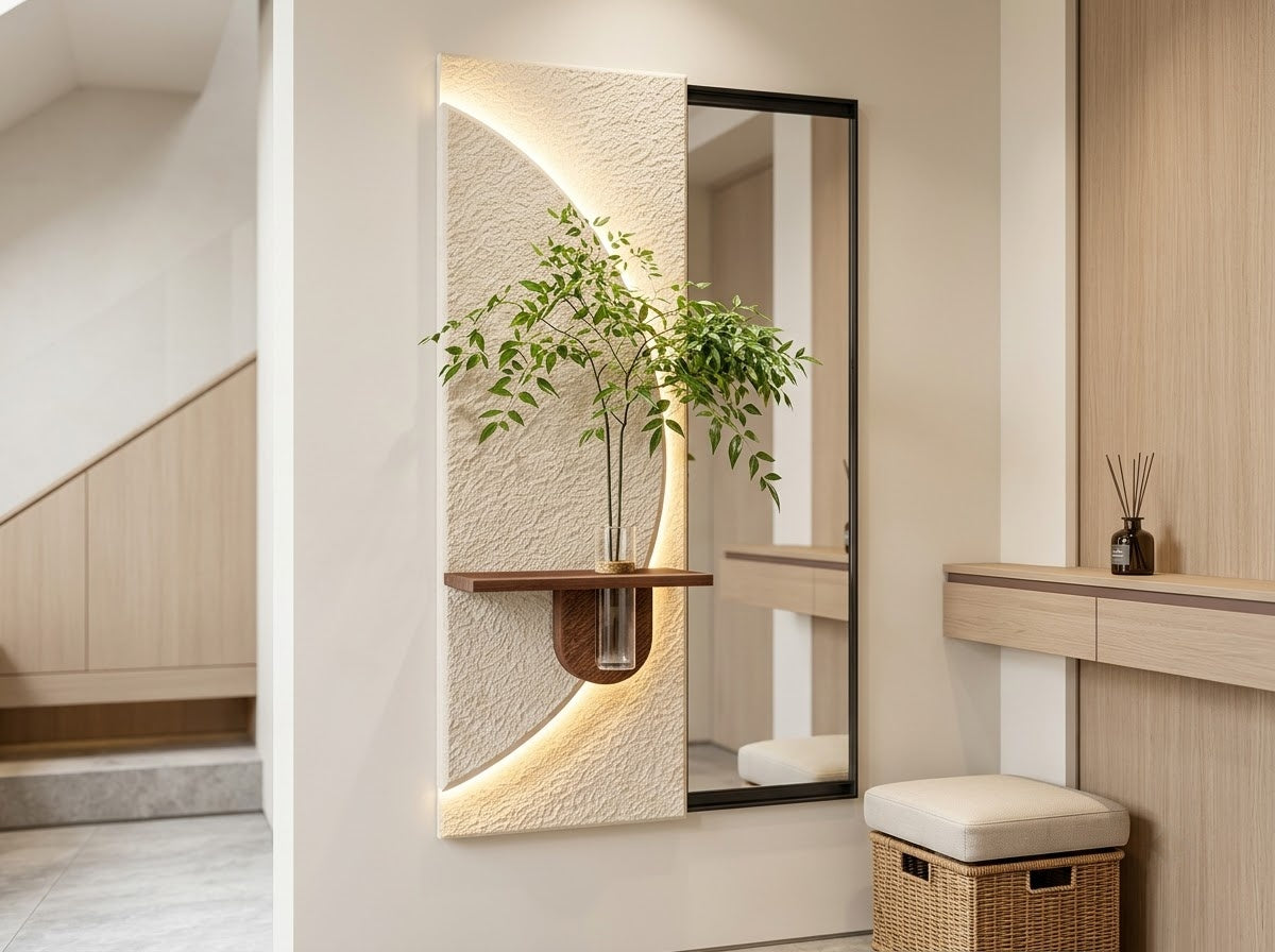 LED wall art with mirror and sliding panel styled in modern interior