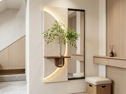 LED wall art with mirror and sliding panel styled in modern interior