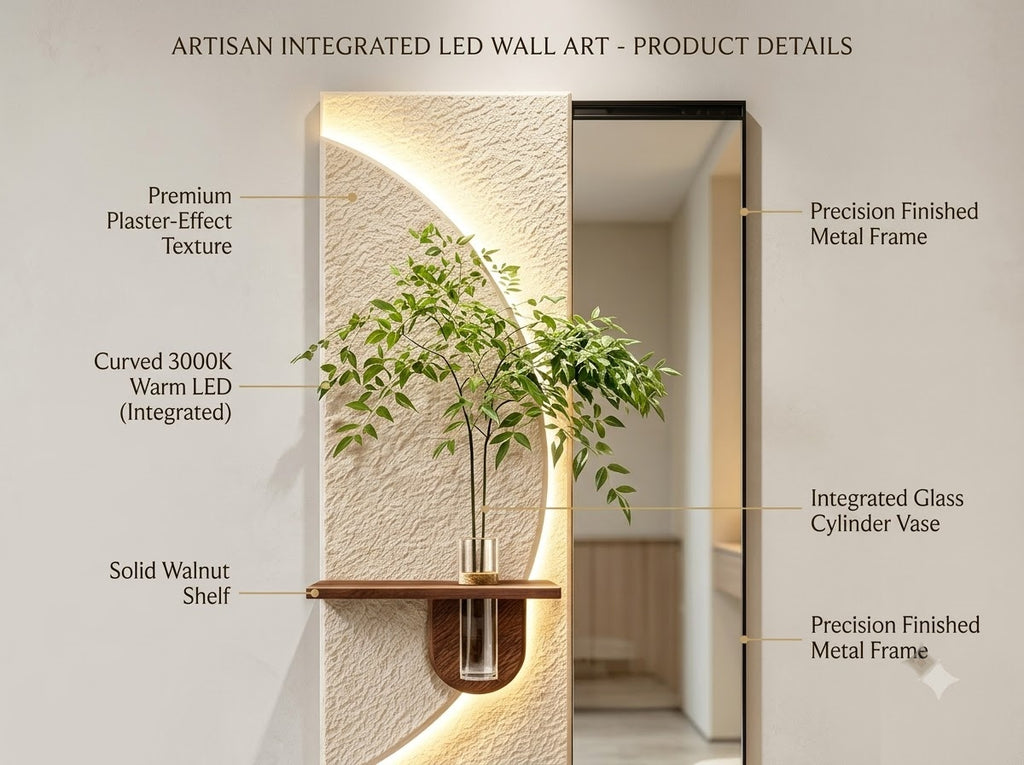 LED wall art featuring integrated mirror and functional sliding panel