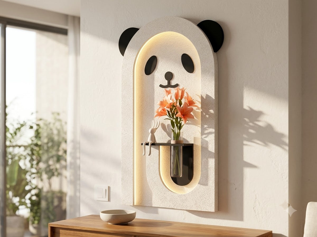 Panda LED wall art installed on a modern living room wall