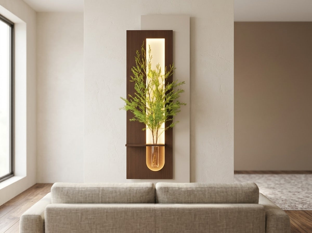 LED wall art with flower vase and integrated display shelf