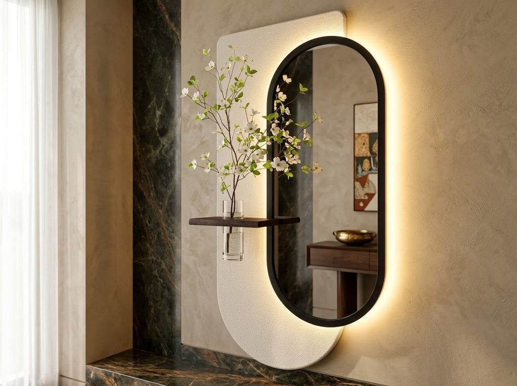 An oval wall mirror with a black frame and warm LED backlighting, mounted on a textured beige wall. A small floating dark wood shelf extends to the left of the mirror, holding a clear glass vase with white blossoms.